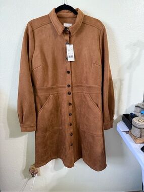 Women's Long Sleeve Suede Shirt Dress - Brown